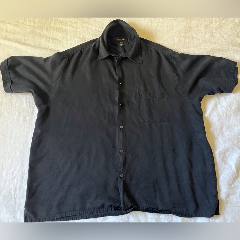 Murano Mens Silk Shirt Black Button Front XL 100% Silk